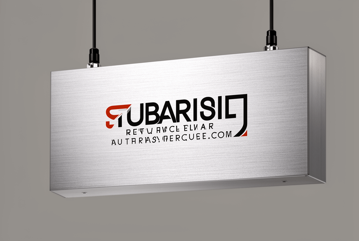 gros plan enseigne suspendue aluminium brossé en studio