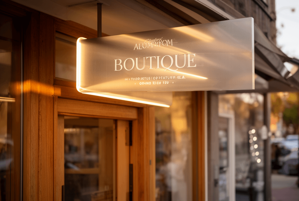 enseigne suspendue aluminium rétroéclairée au-dessus d’une boutique